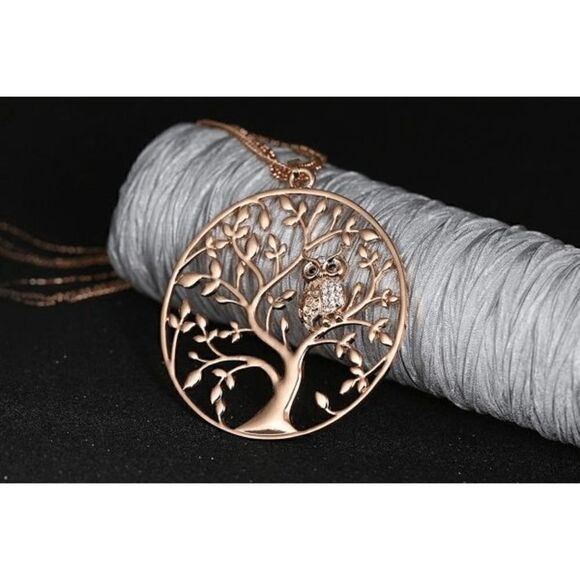 Tree Of Life Diamond Owl Pendant Triple Chain Necklace - Picture 3 of 4